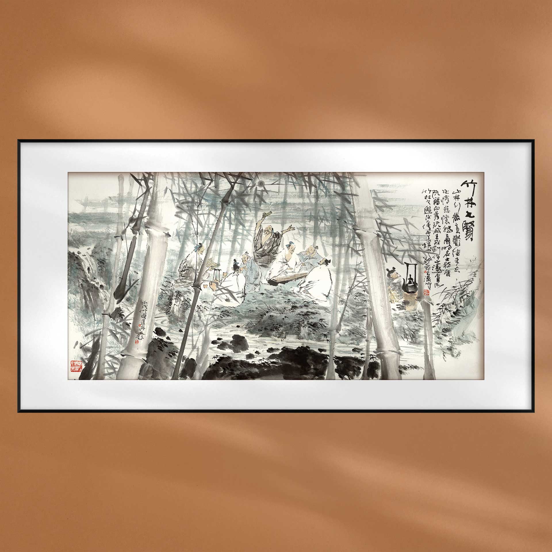 国画竹林七贤水墨人物装饰画茶馆会所新中式挂画定制宣纸装裱画框