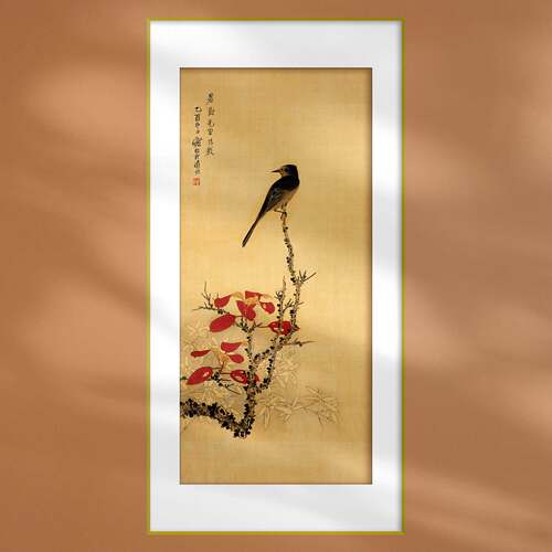 国画红叶花鸟工笔画新中式家居装饰挂画墙饰品绢丝布画芯定制微喷