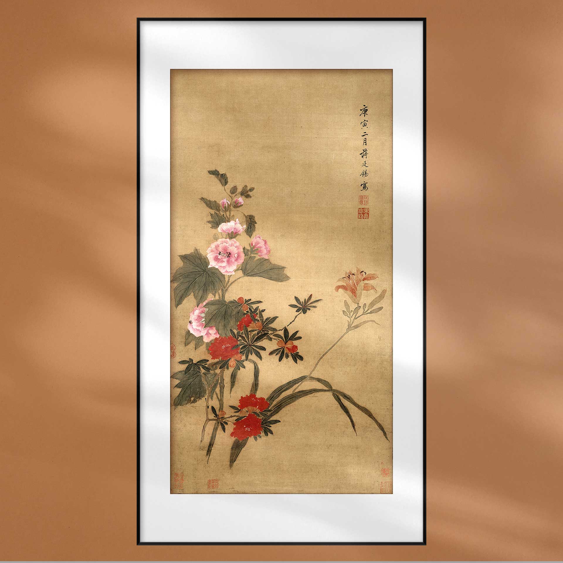 中国画家居装饰客厅书房挂画蜀葵萱花卉名画宣纸复制中式画框挂轴图片