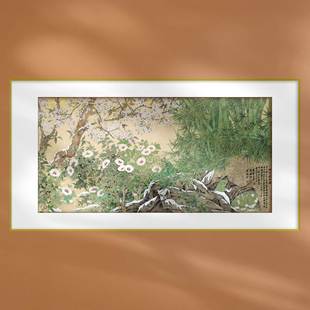 中国画傲雪迎春竹石花卉横幅装饰画新中式沙发背景墙画框宣纸定制