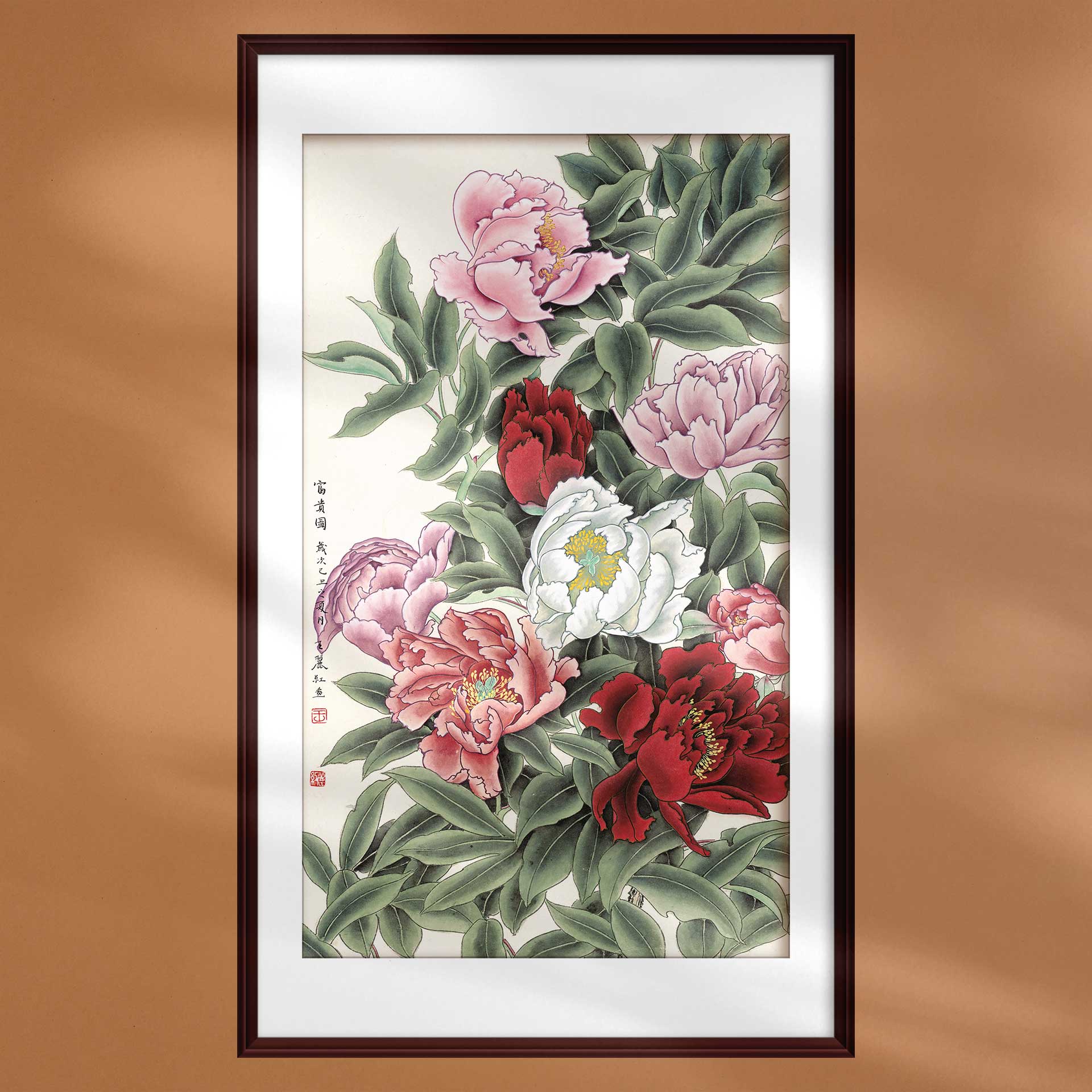 中国画富贵图牡丹花卉装饰画客厅卧室绢丝布宣纸画芯打印定制画框