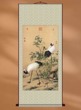 中国画郎世宁花阴双鹤图工笔花鸟画中式装饰画名画礼品祝寿图挂画