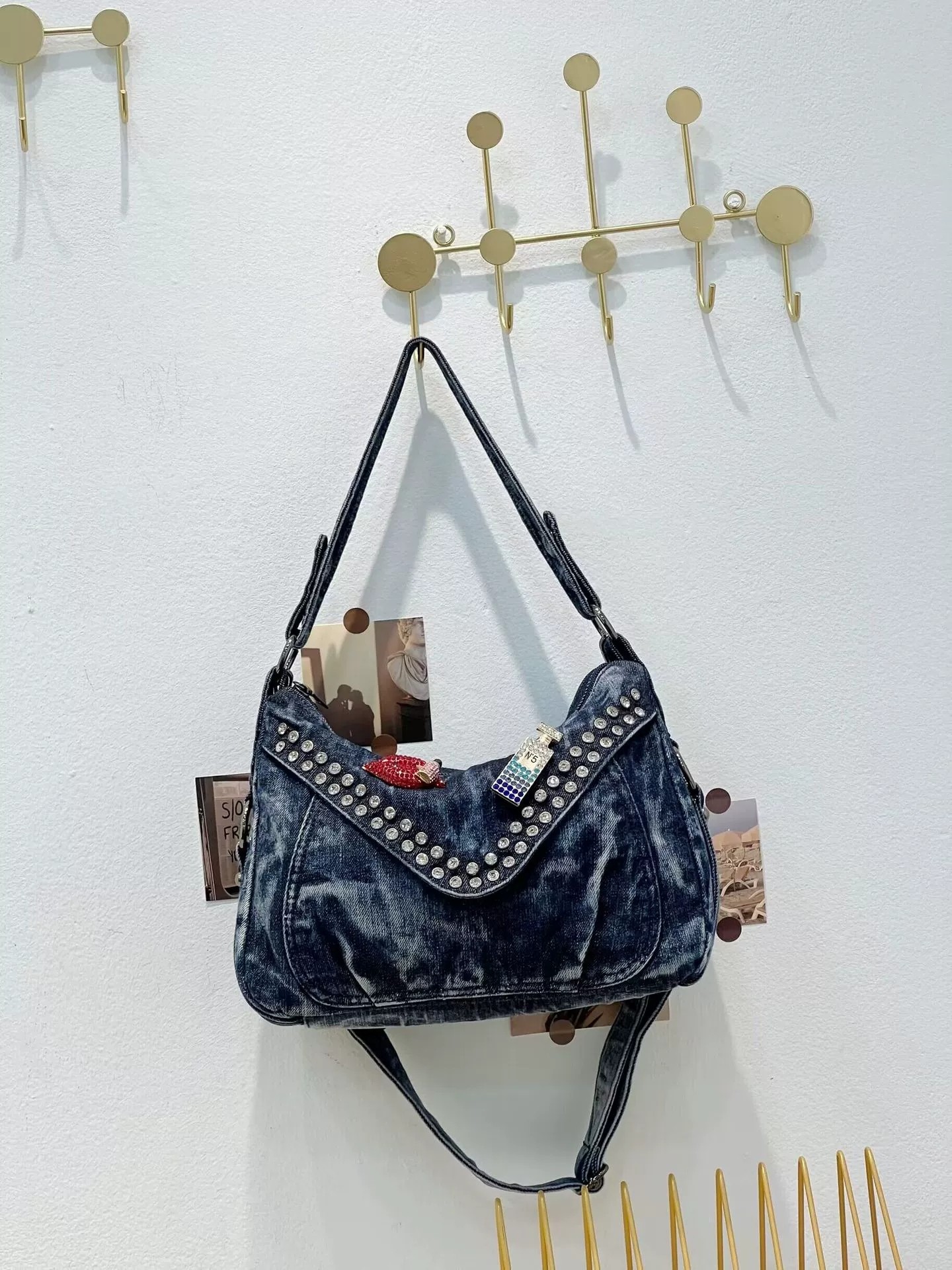 水洗牛仔布镶钻小方时尚百搭别针单肩斜挎手提女包包