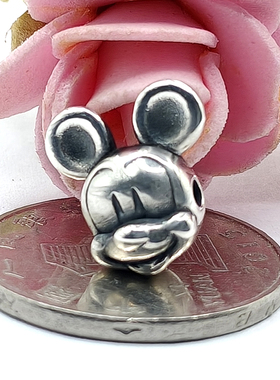 S999纯银3D硬复古泰做旧足银米奇Mickey Mouse红黑绳男女手链配件