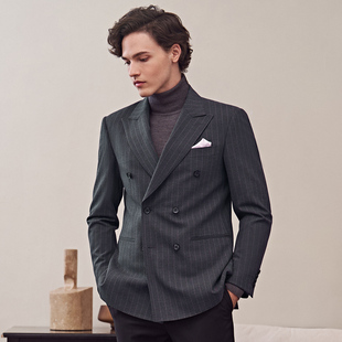 吉约蒙双排扣西装 男外套深灰色条纹商务单西新郎结婚礼服西服男
