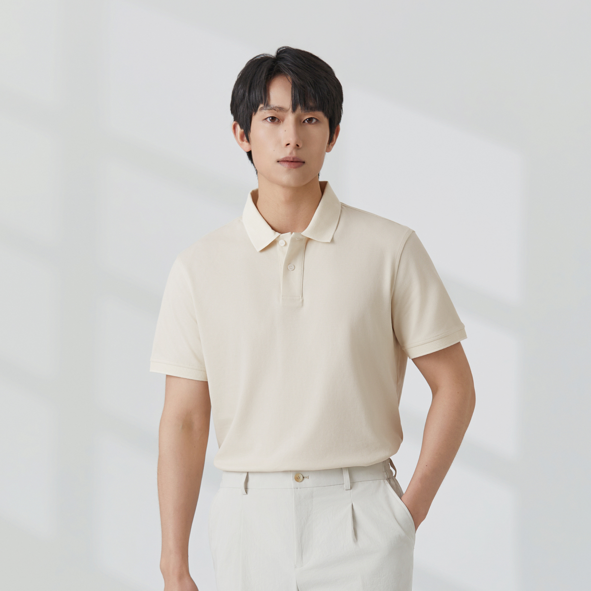 【亚麻混纺】吉约蒙POLO衫男短袖香槟色翻领夏季透气纯色休闲T恤