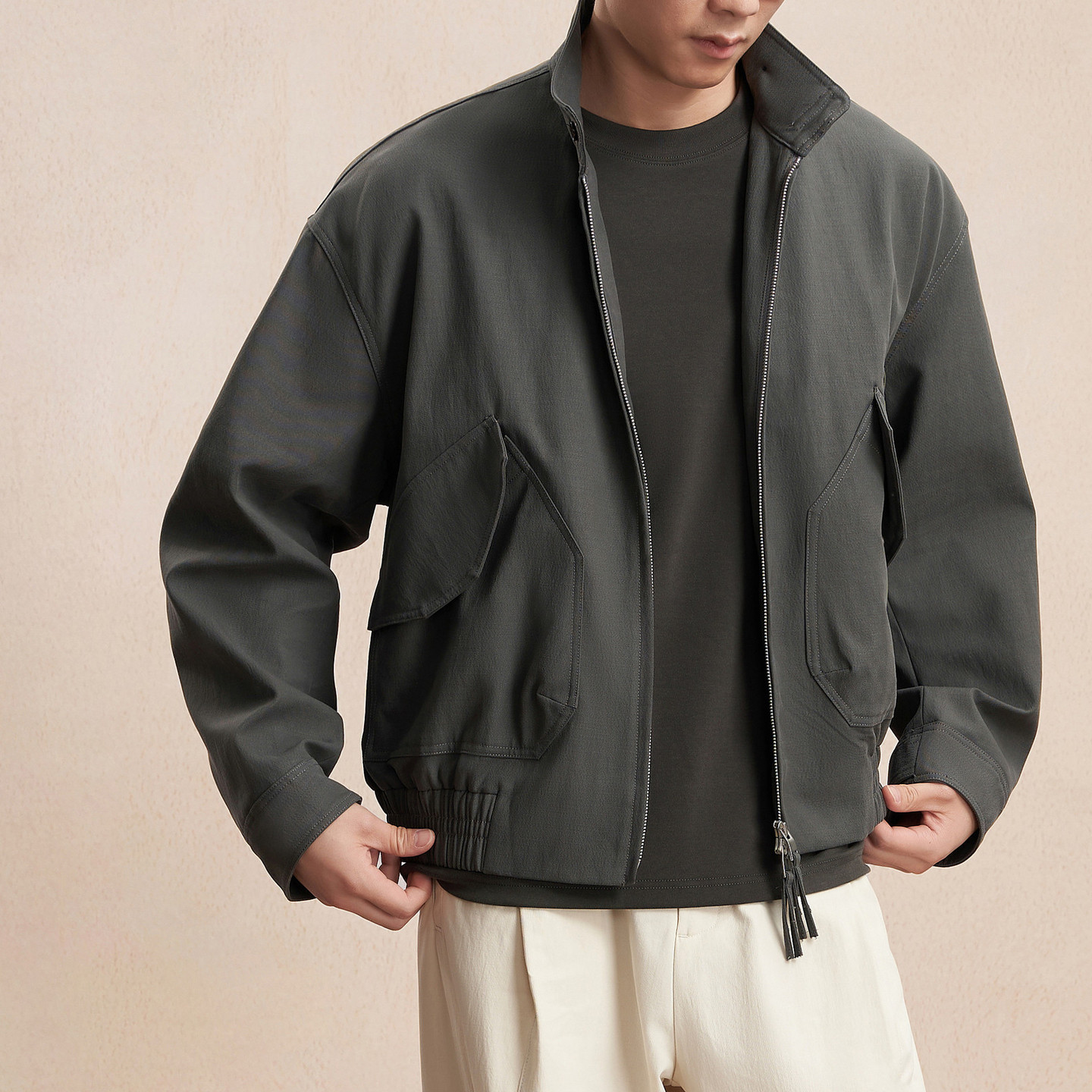 吉约蒙夹克男拉链宽松灰色通勤休闲春季短款立领口袋飞行员外套