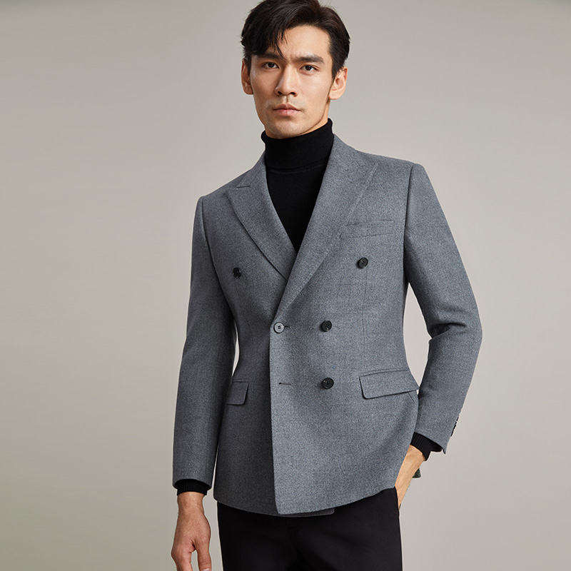双排扣西装男外套男灰色商务休闲单西修身男士毛呢西服上衣厚款