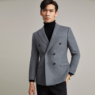 毛呢西服上衣厚款 男士 男外套男灰色商务休闲单西修身 双排扣西装