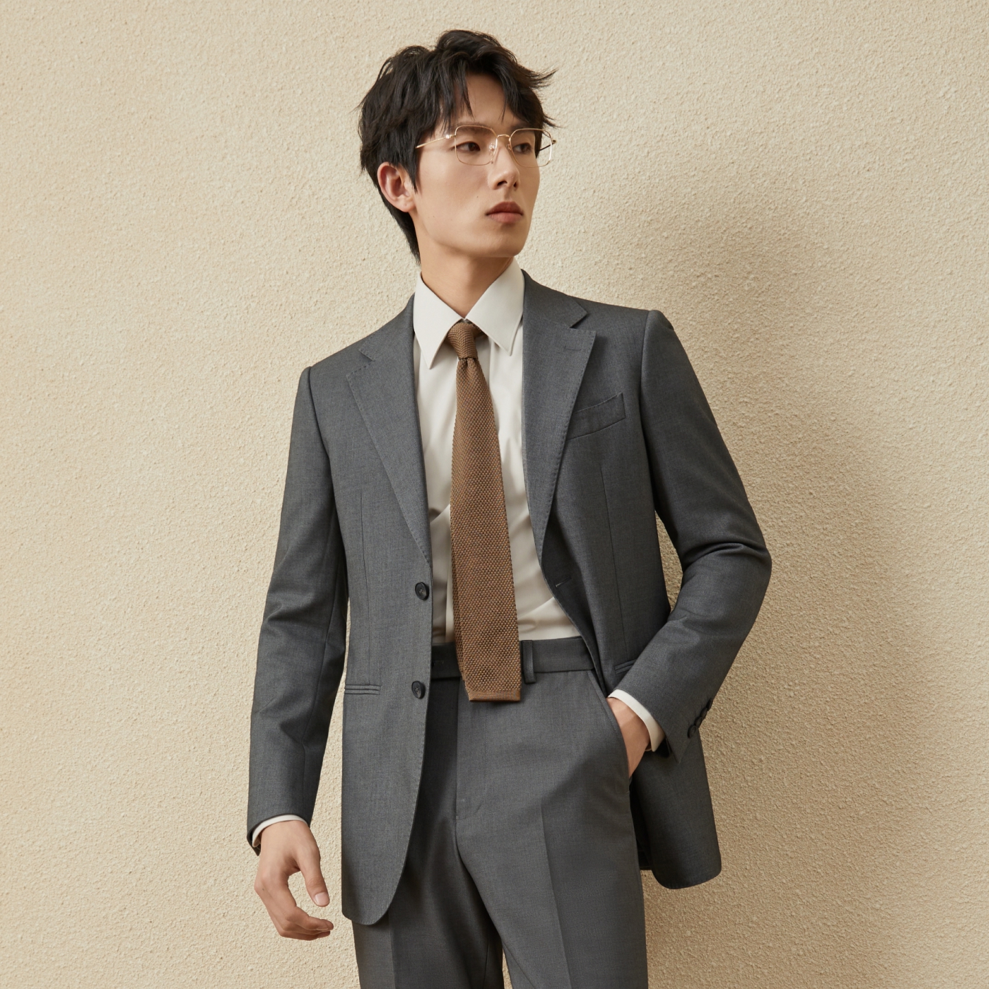 吉约蒙羊毛西服套装男正装结婚新郎礼服高级感灰色商务西装外套