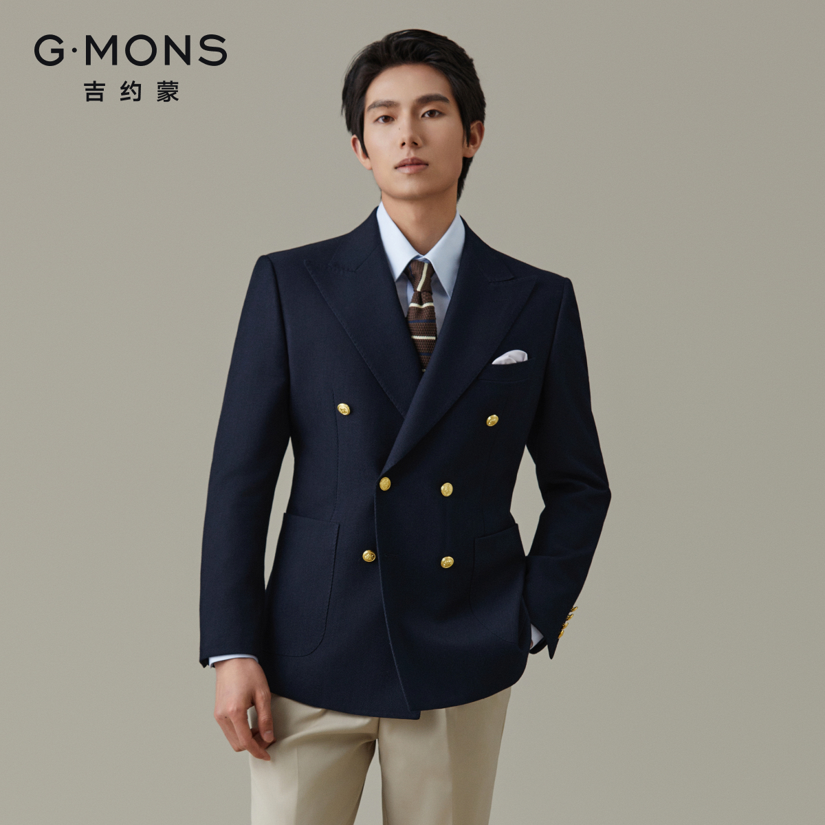 【布雷泽】吉约蒙双排扣西装男外套海军蓝西服男商务休闲修身单西
