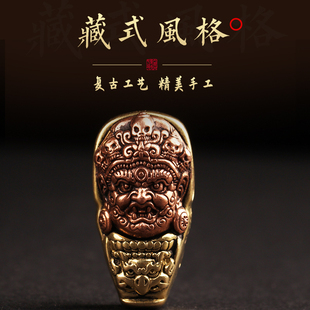 藏式文玩佛珠手串黄紫铜大黑天三通佛头金刚星月凤眼手持配饰大小