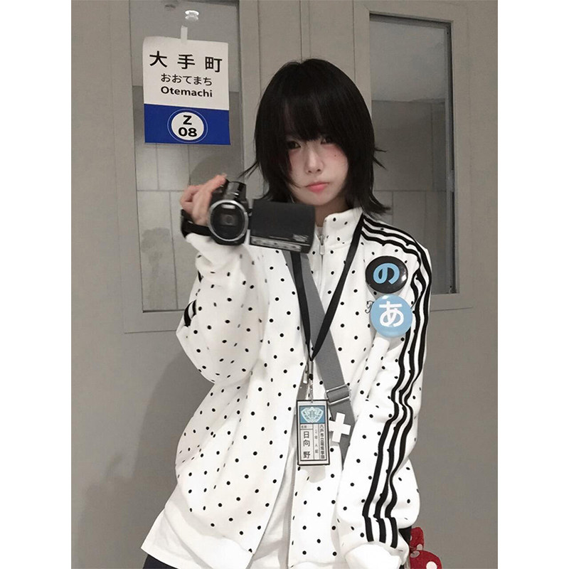 日系运动波点立领外套女春秋冬新款侧边条纹拉链开衫上衣加绒卫衣