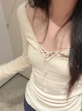 纯欲甜辣抽绳绑带v领长袖t恤女春秋冬新款修身显瘦内搭打底衫上衣