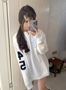 美式字母刺绣圆领卫衣女春秋冬新款加绒加厚宽松慵懒套头潮牌上衣