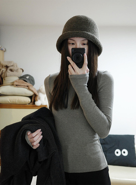 冬季灰色保暖内搭德绒打底衫女春秋新款修身辣妹正肩长袖t恤上衣