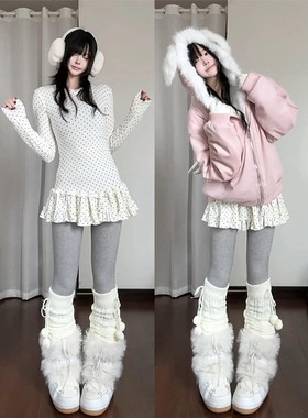 波点花边裙摆叠穿长袖t恤女春秋冬新款中长款配鲨鱼裤打底衫上衣