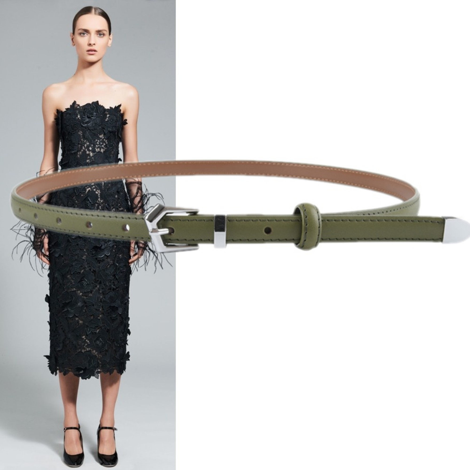 菜绿色二层牛皮装饰细腰带通勤女牛仔裤裙子短裤配饰1.4厘米皮带