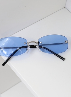 高级感jennie同款复古中古无框太阳眼镜潮街拍摩登蓝色太阳眼镜女