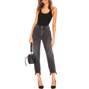 女蓝黑 People中腰破洞毛边显瘦宽松老爹九分直筒牛仔裤 现货 Free