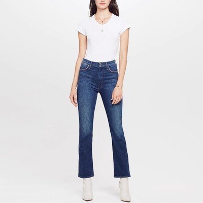 现货 MOTHER 高腰亮闪粉滚边蓝色显瘦高腿长修身九分微喇叭牛仔裤