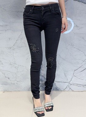 国内现货 RtA denim高腰黑色显瘦显腿长破洞磨损九分小脚牛仔裤女