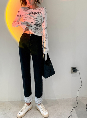 现货 Via Pitti官方授权宽松黑色裤脚涂鸦拼接直筒牛仔烟管裤女潮