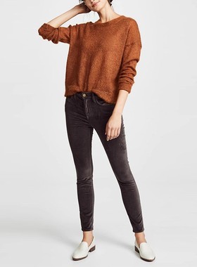 现货 Frame Denim高腰炭灰色天鹅绒显瘦紧身九分直筒小脚牛仔裤女