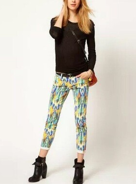 国内现货 Current/Elliott 中腰五彩印花显瘦紧身小脚牛仔裤女潮