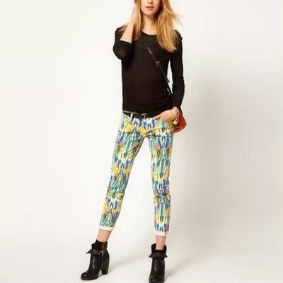 国内现货 Current/Elliott 中腰五彩印花显瘦紧身小脚牛仔裤女潮
