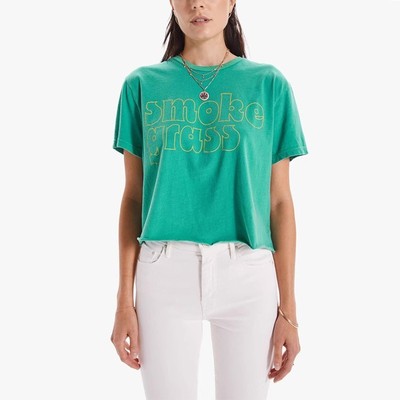 现货 MOTHER时尚复古蓝绿色英文印花圆领短袖休闲短款比马棉T恤女