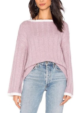 清仓现货 J.O.A. 薰衣草紫色罗纹拼色船领宽松套头长袖毛衣针织衫