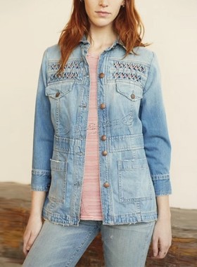 清仓现货 Current/Elliott镂空褶皱显瘦高收腰牛仔夹克外套女蓝色