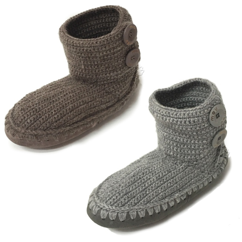 mou纽扣毛线钩编包跟灰色拖鞋