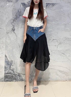 国内现货 pushBUTTON 高腰拼接雪纺开衩不规则裙摆牛仔及膝半裙女