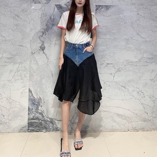 国内现货 pushBUTTON 高腰拼接雪纺开衩不规则裙摆牛仔及膝半裙女