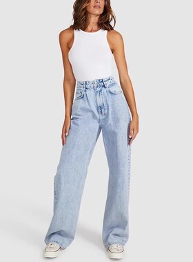 现货KSUBI lo key中高腰褶缝显瘦腿长宽松阔腿拖地牛仔裤女浅蓝色