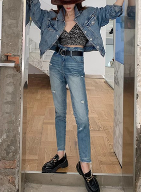 清仓现货 Blank Denim 收腰浅蓝色破洞毛边九分直筒牛仔裤 女