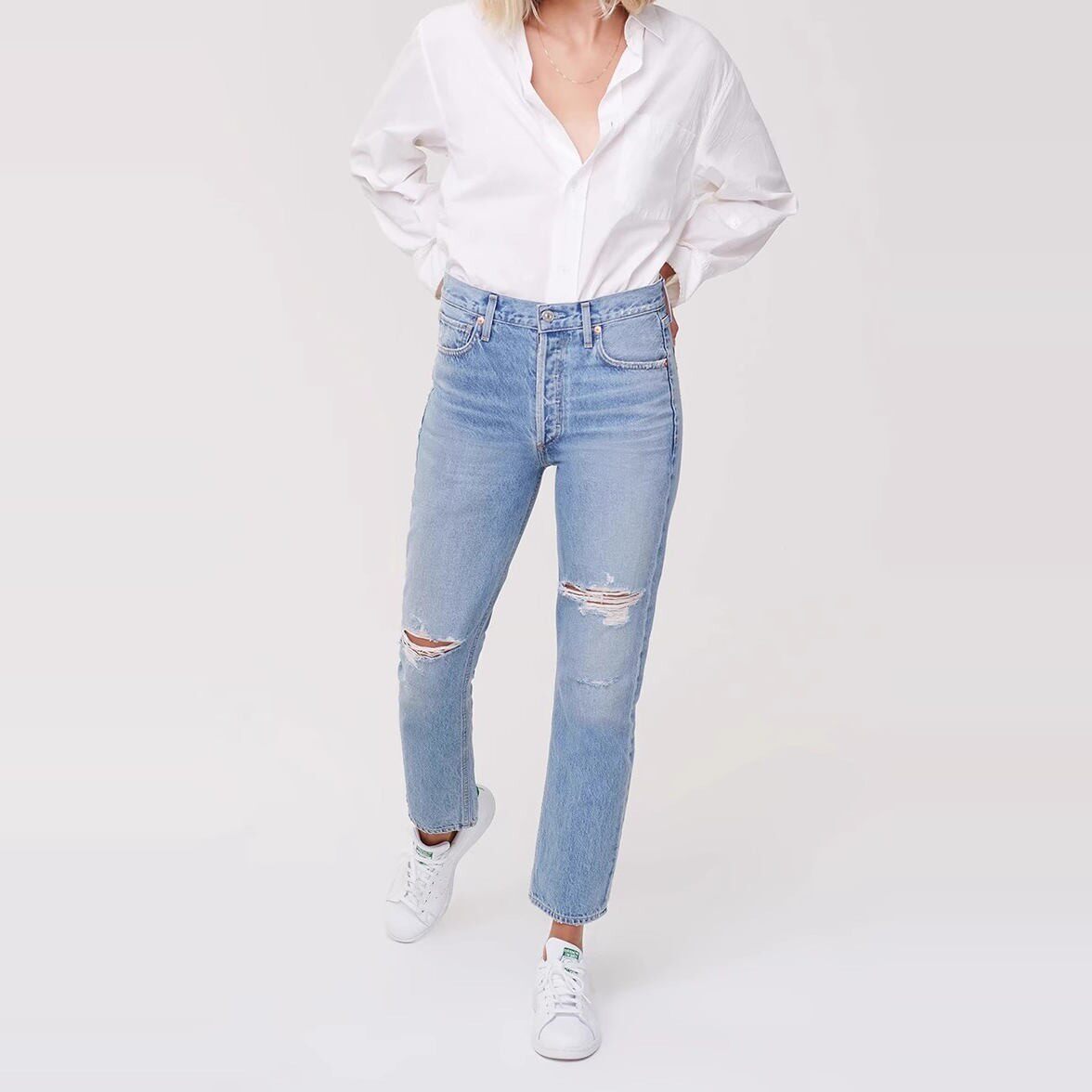 现货Citizens of Humanity COH高腰破洞宽松九分直筒牛仔裤女蓝色