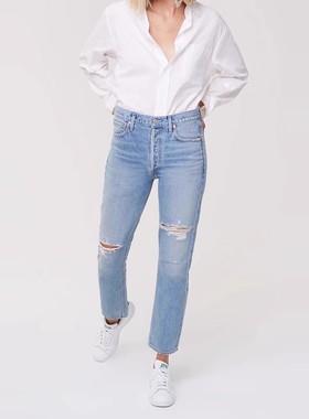 现货Citizens of Humanity COH高腰破洞宽松九分直筒牛仔裤女蓝色