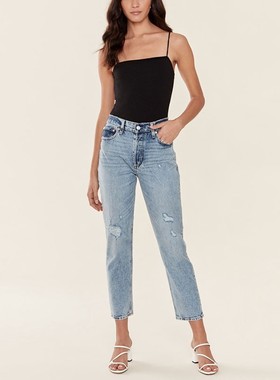 清仓现货 SOCIALITE高腰浅蓝色破洞拉丝显瘦宽松九分直筒牛仔裤女