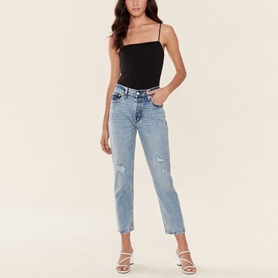 清仓现货 SOCIALITE高腰浅蓝色破洞拉丝显瘦宽松九分直筒牛仔裤女