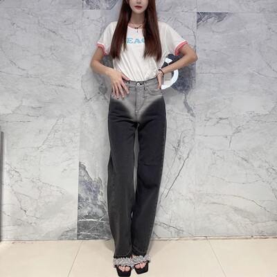 国内现货 pushBUTTON 高腰双色水洗显瘦直筒阔腿牛仔裤女灰黑色潮