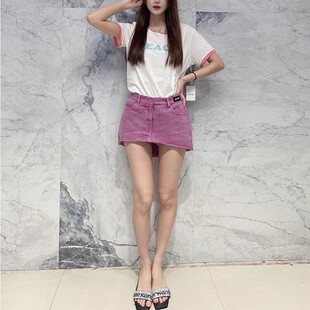 国内现货 pushBUTTON 浅紫色高腰不规则裙摆显高迷你牛仔裙裤女潮