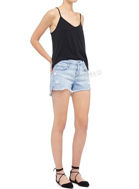 现货Nobody Denim中腰浅蓝色破洞侧开衩毛边显瘦腿长牛仔短热裤女