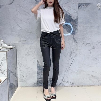 国内现货 RtA denim高腰黑色翻领拉链显瘦显腿长纯羊皮小脚真皮裤