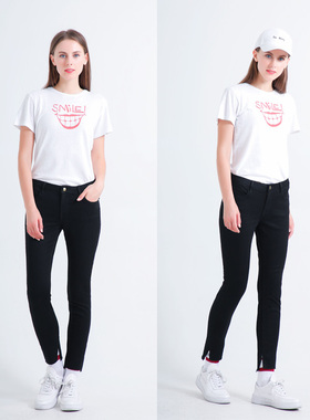 清仓现货N TOO L 中腰黑色阶梯侧开衩毛边须显瘦九分小脚牛仔裤女