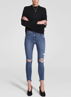 现货Nobody Denim高腰蓝色破洞阶梯毛边显瘦紧身九分小脚牛仔裤女