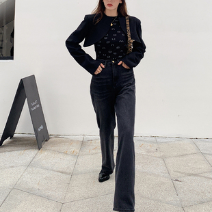 L泫雅高腰拆袋修显瘦长宽松阔腿老爹拖地牛仔裤 TOO 女黑蓝 现货