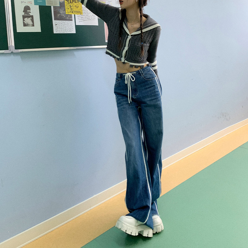 国内现货 Via Pitti 官方授权 高腰竖条阔版大裤腿休闲牛仔长裤女